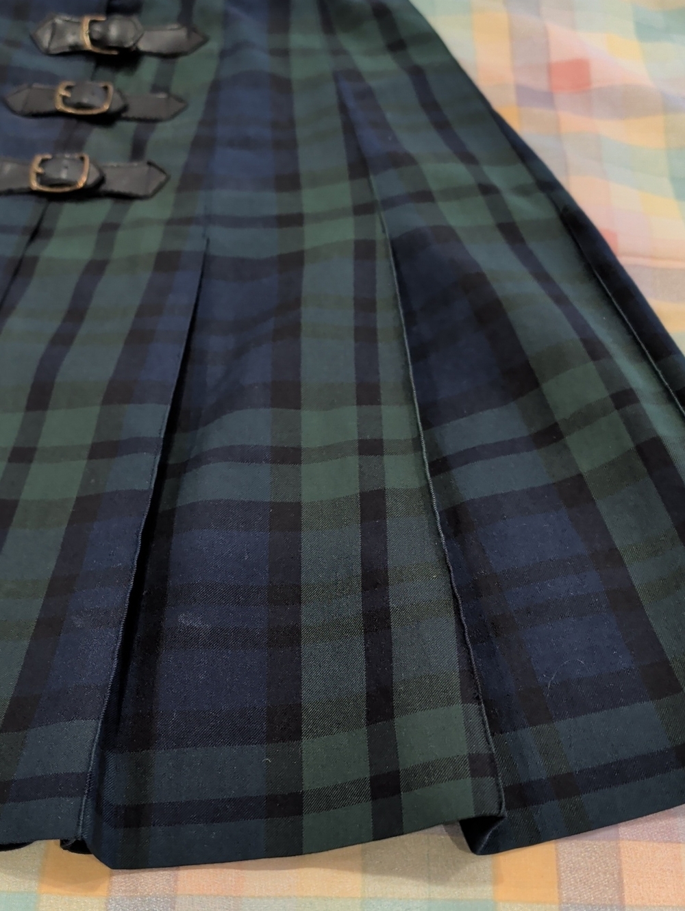 Isaac Mizrahi Navy and Green Plaid Pleated Mini Skirt with Buckle Accents - Picture 4 of 5